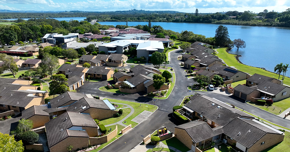 aerial view of crowley villas and administration buildings adjoining north creek